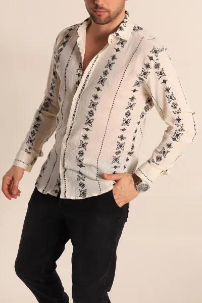 krem-relaxed-fit-etnik-desenli-erkek-keten-gomlek-256980