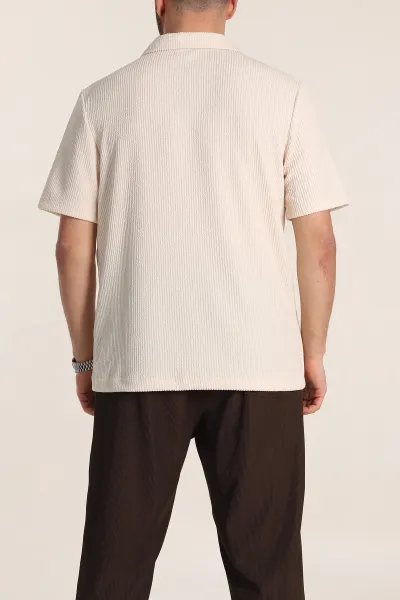 Krem Relaxed Fit Fitilli Doku Fermuarlı Polo Yaka Erkek Tişört 347558