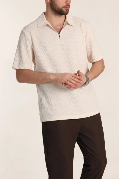 Krem Relaxed Fit Fitilli Doku Fermuarlı Polo Yaka Erkek Tişört 347558