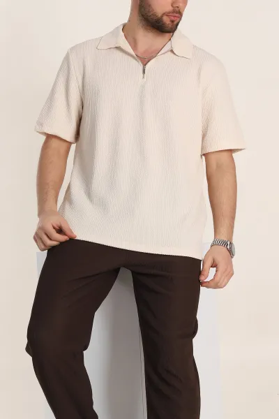 Krem Relaxed Fit Fitilli Doku Fermuarlı Polo Yaka Erkek Tişört 347558