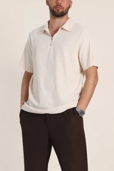 Krem Relaxed Fit Fitilli Doku Fermuarlı Polo Yaka Erkek Tişört 348147