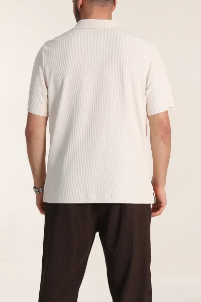 Krem Relaxed Fit Fitilli Doku Fermuarlı Polo Yaka Erkek Tişört 348147