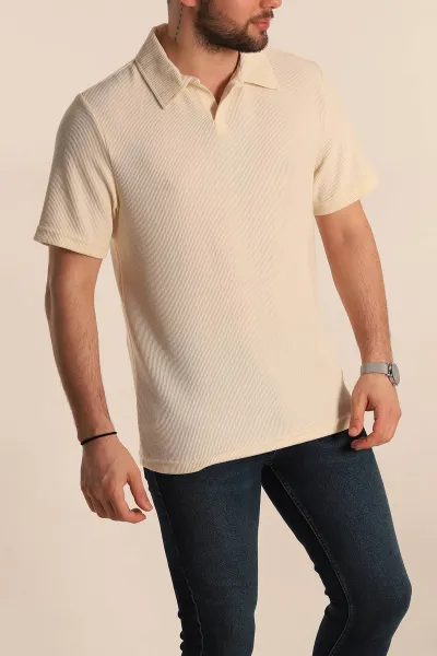 Krem Relaxed Fit Fitilli Doku Polo Yaka Erkek Tişört 268863