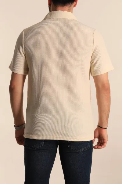 Krem Relaxed Fit Fitilli Doku Polo Yaka Erkek Tişört 268863