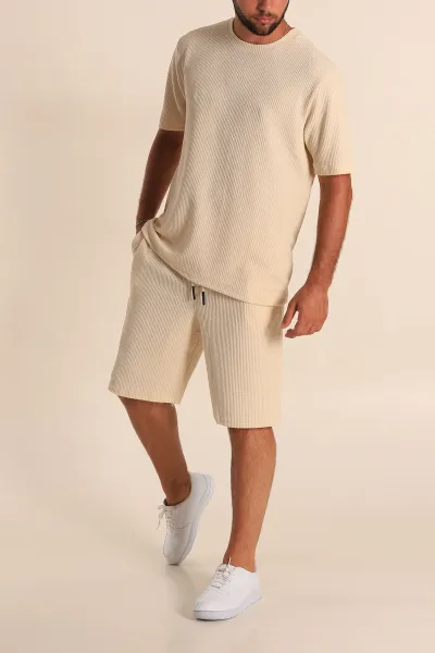 Krem Relaxed Fit Fitilli Dokulu Erkek Şortlu Takım 284080