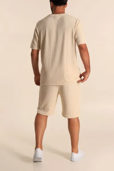 Krem Relaxed Fit Fitilli Dokulu Erkek Şortlu Takım 284080