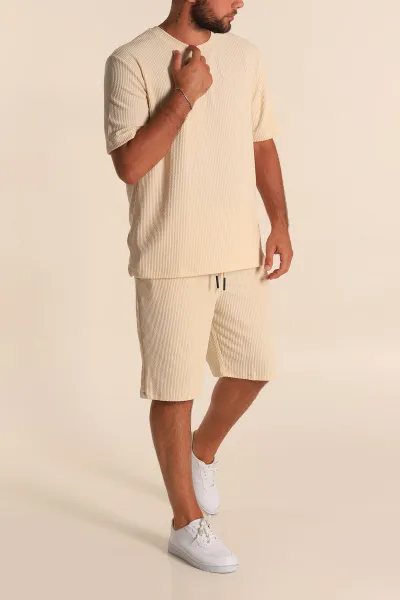 Krem Relaxed Fit Fitilli Dokulu Erkek Şortlu Takım 284080