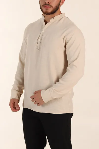 krem-relaxed-fit-hakim-yaka-yarim-dugmeli-erkek-gomlek-369849