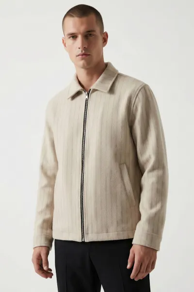 Krem Relaxed Fit İçi Astarlı Erkek Kaşe Ceket 418928