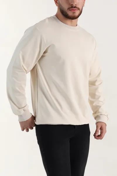 Krem Relaxed Fit İki İp Şardonsuz Basic Erkek Sweatshirt 398124