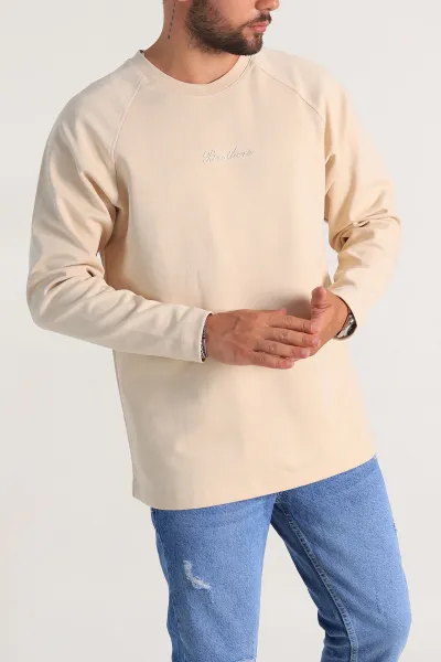Krem Relaxed Fit İki İp Yazı Detaylı Basic Erkek Sweatshirt 299892