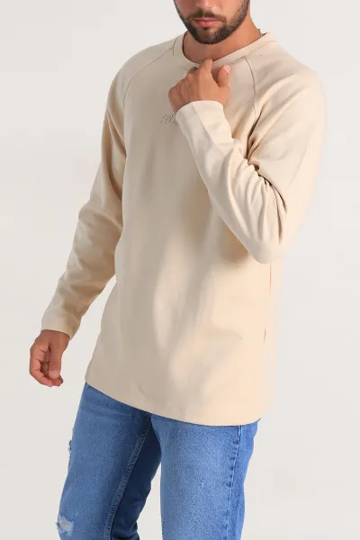 Krem Relaxed Fit İki İp Yazı Detaylı Basic Erkek Sweatshirt 299892