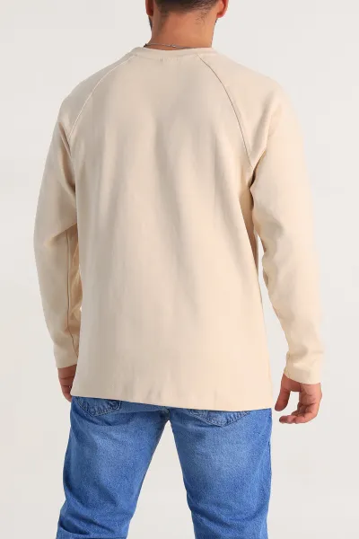 Krem Relaxed Fit İki İp Yazı Detaylı Basic Erkek Sweatshirt 299892