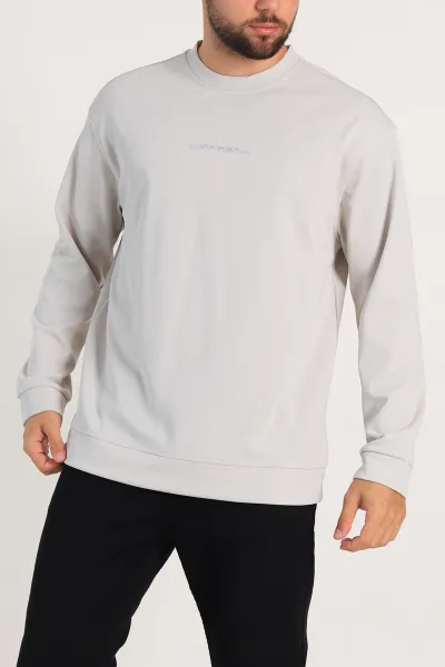 Krem Relaxed Fit Jakarlı Kabartma Yazı Detay Erkek Basic Sweatshirt 305382