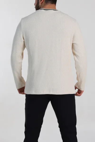 Krem Relaxed Fit Jakarlı Pike Dokulu Erkek İnce Sweatshirt 322366