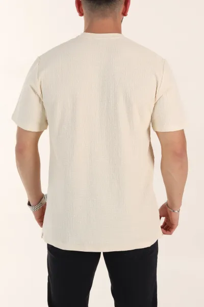 Krem Relaxed Fit Kabartma Desenli Basic Erkek Tişört 358107