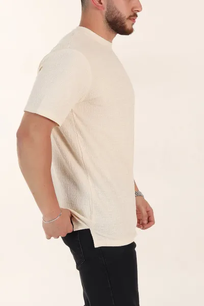 Krem Relaxed Fit Kabartma Desenli Basic Erkek Tişört 358107