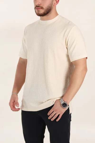 Krem Relaxed Fit Kabartma Desenli Basic Erkek Tişört 358107