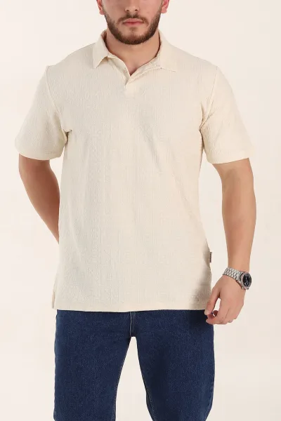 Krem Relaxed Fit Kabartma Desenli Düğmeli Polo Yaka Erkek Tişört 358079