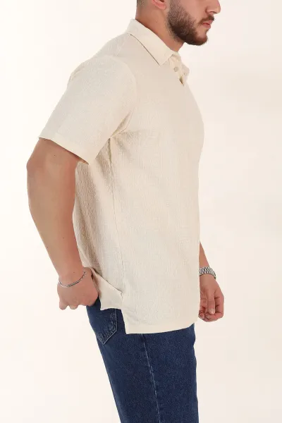 Krem Relaxed Fit Kabartma Desenli Düğmeli Polo Yaka Erkek Tişört 358079