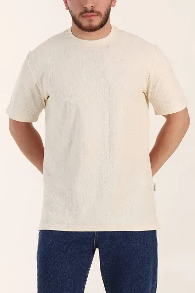 Krem Relaxed Fit Kabartma Desenli Erkek Tişört 358220