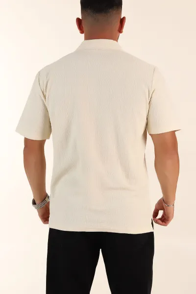 Krem Relaxed Fit Kabartma Desenli Patlı Polo Yaka Erkek Tişört 358022