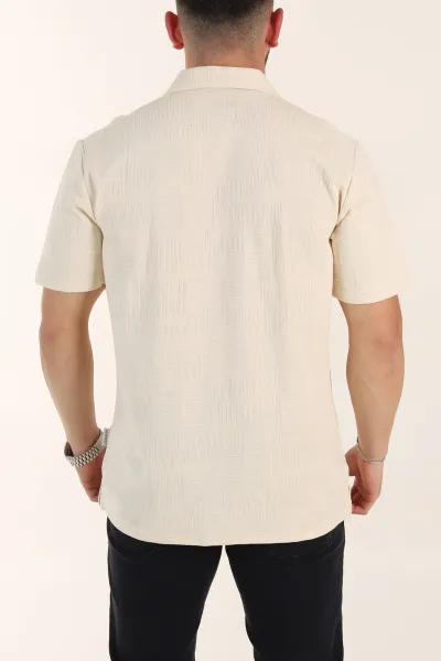 Krem Relaxed Fit Kabartma Desenli Patlı Polo Yaka Erkek Tişört 358099