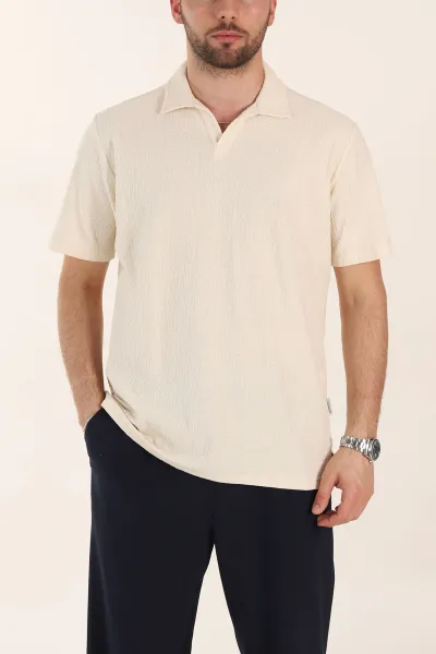 Krem Relaxed Fit Kabartma Desenli Patlı Polo Yaka Erkek Tişört 358280