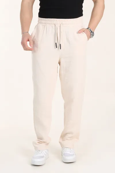 Krem Relaxed Fit Kalın Müslin Keten Erkek Jogger Eşofman Altı 354104