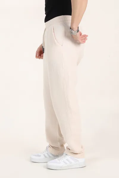 Krem Relaxed Fit Kalın Müslin Keten Erkek Jogger Eşofman Altı 354104