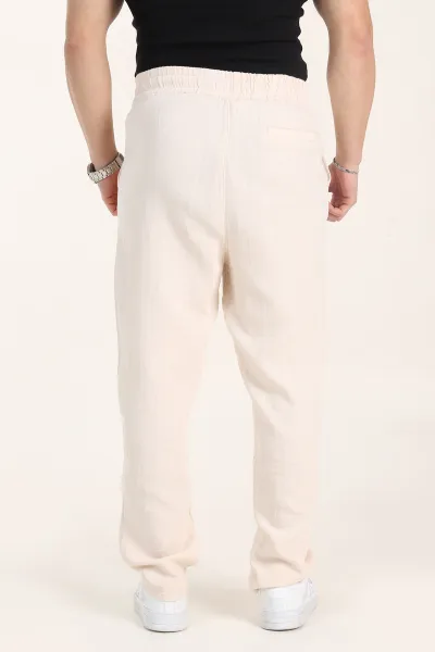 Krem Relaxed Fit Kalın Müslin Keten Erkek Jogger Eşofman Altı 354104
