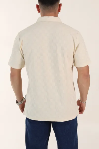 Krem Relaxed Fit Kare Dokulu Düğmeli Polo Yaka Erkek Tişört 358172