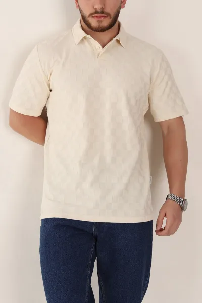 Krem Relaxed Fit Kare Dokulu Düğmeli Polo Yaka Erkek Tişört 358172