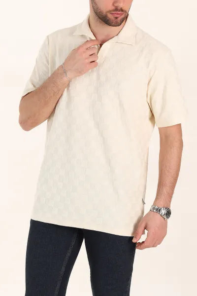 Krem Relaxed Fit Kare Dokulu Patlı Polo Yaka Erkek Tişört 358034
