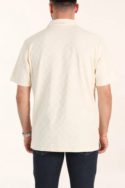 Krem Relaxed Fit Kare Dokulu Patlı Polo Yaka Erkek Tişört 358034