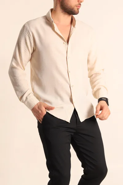 Krem Relaxed Fit Keten Erkek Gömlek 256524