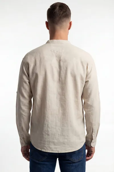 Krem Relaxed Fit Keten Yarım Düğmeli Hakim Yaka Erkek Gömlek 435881