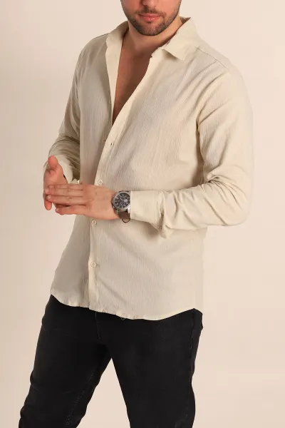 Krem Relaxed Fit Kırınkıl Keten Erkek Gömlek 256991