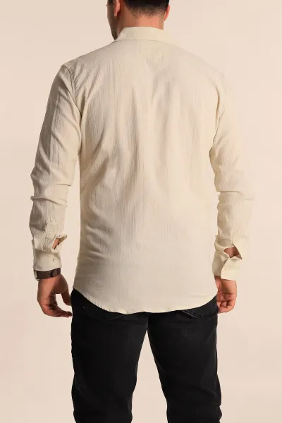 Krem Relaxed Fit Kırınkıl Keten Erkek Gömlek 256991