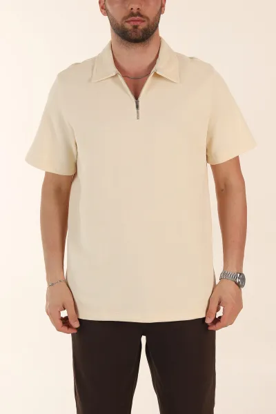 Krem Relaxed Fit Pike Doku Fermuarlı Polo Yaka Erkek Tişört 368377