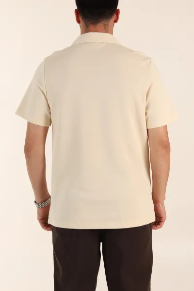 Krem Relaxed Fit Pike Doku Fermuarlı Polo Yaka Erkek Tişört 368377