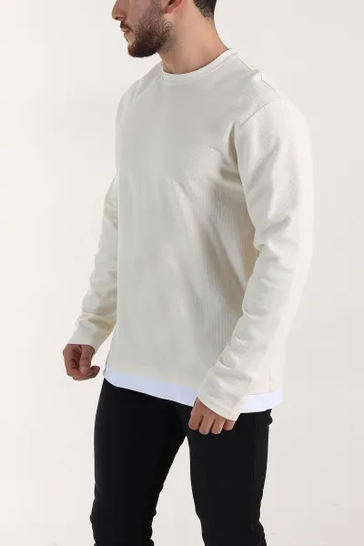 Krem Relaxed Fit Pike Dokulu Basic Erkek Sweatshirt 398895