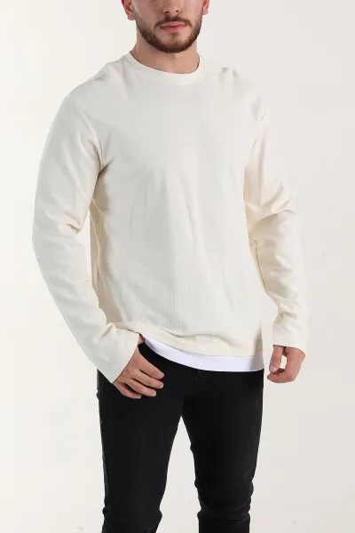 Krem Relaxed Fit Pike Dokulu Basic Erkek Sweatshirt 398895