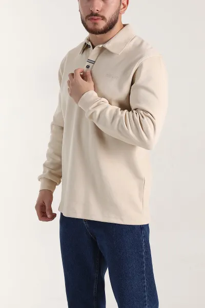 Krem Relaxed Fit Pike Dokulu Düğmeli Polo Yaka Erkek Sweatshirt 400879