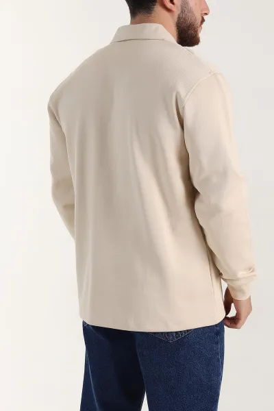 Krem Relaxed Fit Pike Dokulu Düğmeli Polo Yaka Erkek Sweatshirt 400879