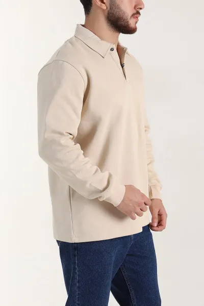 Krem Relaxed Fit Pike Dokulu Düğmeli Polo Yaka Erkek Sweatshirt 400879