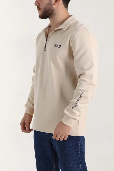 Krem Relaxed Fit Pike Dokulu Yarım Fermuarlı Erkek Sweatshirt 400874