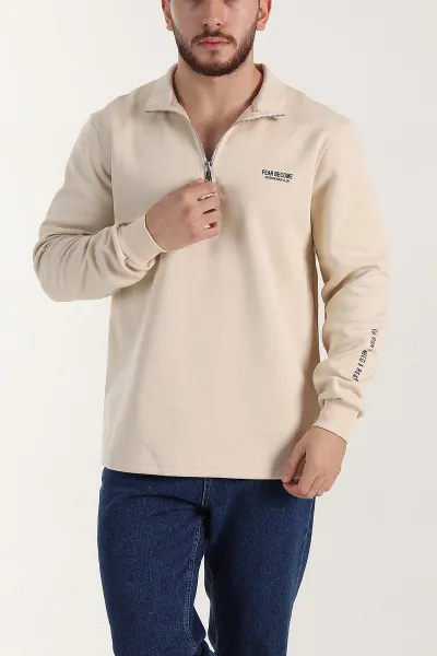 Krem Relaxed Fit Pike Dokulu Yarım Fermuarlı Erkek Sweatshirt 400874