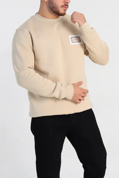 Krem Relaxed Fit Üç İp Şardonlu Baskılı Erkek Sweatshirt 309653