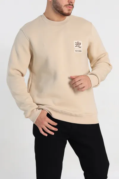 Krem Relaxed Fit Üç İp Şardonlu Kabartma Detaylı Erkek Sweatshirt 309878
